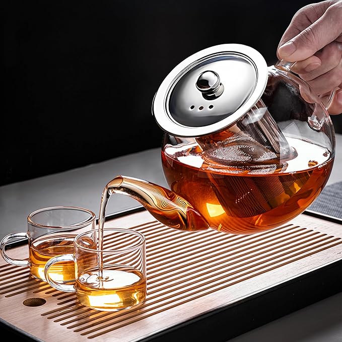 Long-Mouth Glass Teapot 34oz/1000ml with Removable Loose Tea Infuse - Glass Tea Kettle for Stove Top Removable Stainless Steel Strainer, Microwave & Dishwasher Safe, Tea Maker