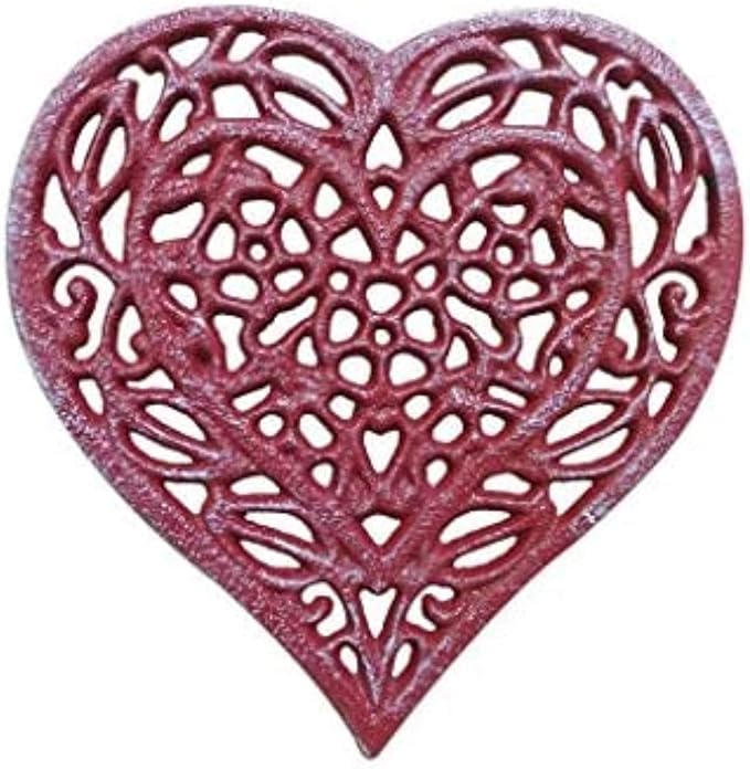 Rustic Red Whitewashed Cast Iron Heart Shaped Trivet 7" - Decorative Trivet -