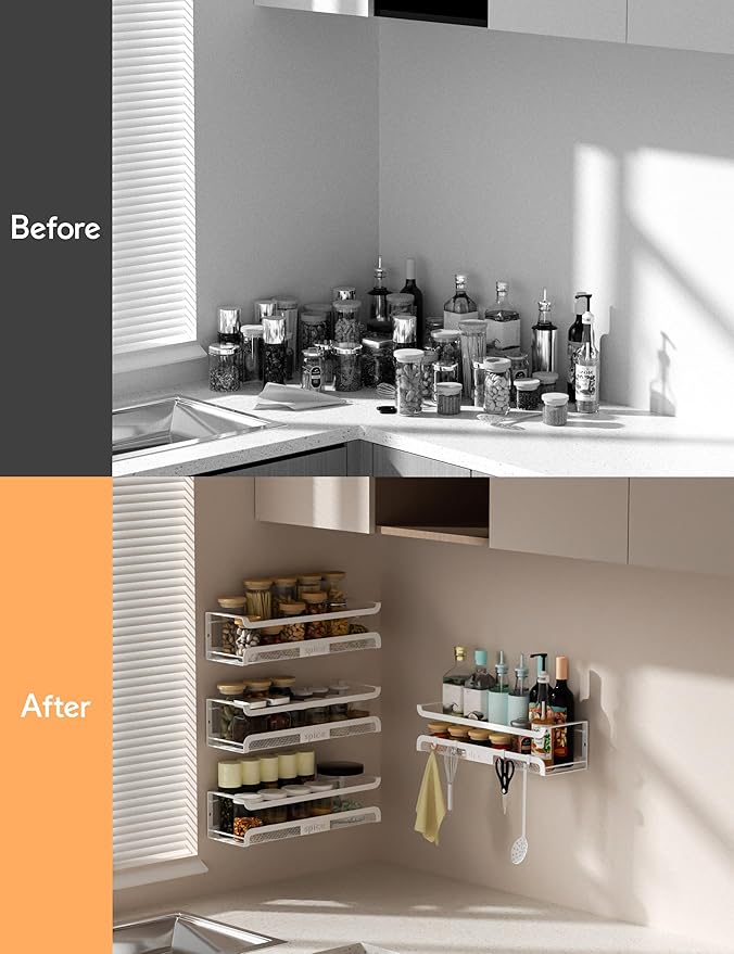 Spice Rack Wall Mount with Hooks - Spice Racks Organizer for Cabinet Storage, Wall Mounted Hanging Shelf Seasoning Organizer, for Kitchen, Pantry Door, Bathroom (White, 1 Pack)