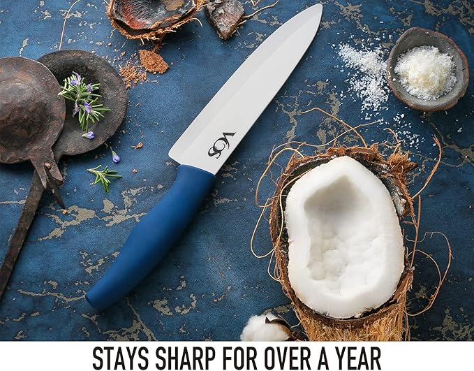 Vos Ceramic Knife with Peeler, Knives Set For Kitchen, Ultra Sharp Kitchen Knife Set with Covers, 4" 5" 6" 7" 8" Paring, Chef Knife, Santoku & 2 more, Lightweight, Dishwasher safe (Blue)
