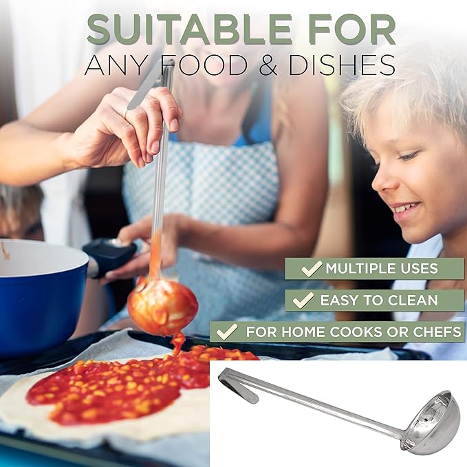 Fit Meal Prep [2 Pack] Stainless Steel Soup Ladle - One-Piece Sauce Spatula w/Hook Handles, Commercial Grade Serving Spoon, Kitchen Tool for Restaurant or Home Cooking, Mirror Finish, 14.25" Long