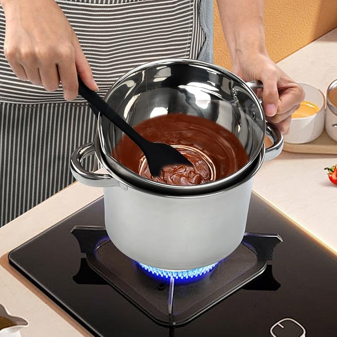 3PCS Double Boiler Pot Set, 2000ML/1.8QT Mixing Bowl with Scale 2800ML/ 2.54QT Stainless Steel Heating Pot with Silicone Spatula for Cheese Chocolate Candy Candle Soap Wax Melting (2000ml+2800ml)