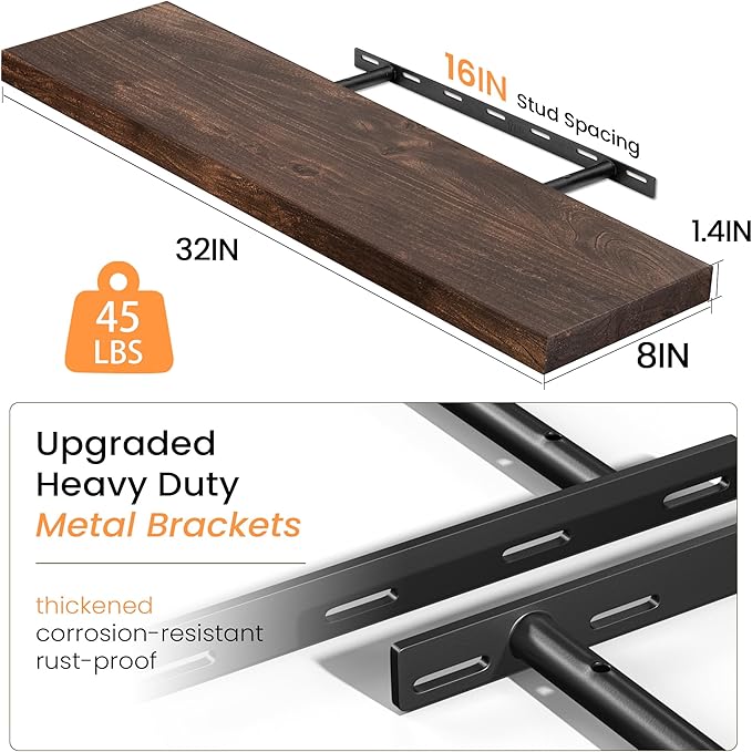 Fun Memories Floating Shelves for Wall Set of 2, Rustic Solid Elm Wood Wall Shelves 32 Inch - Invisible Bracket Mount for Living Room, Bathroom, Bedroom, Kitchen, Walnut