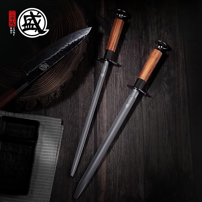 MITSUMOTO SAKARI 10 Inch Knife Sharpener Rod, Round Honing Rod, High Carbon Honing Steel