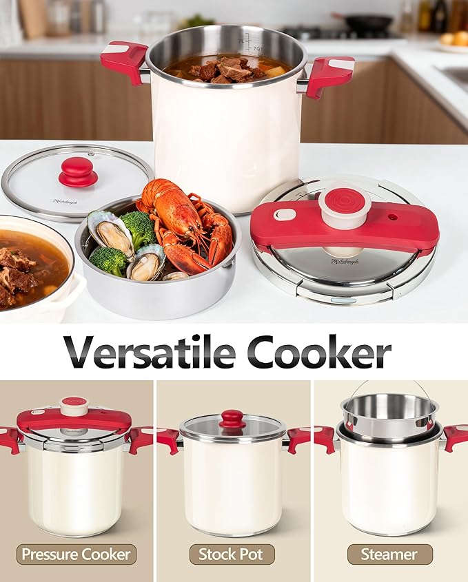 MICHELANGELO Pressure Cooker Stainless Steel 6.3 Quart, 3-in-1 Pressure Pot, One-Hand Locking System, Olla de Presion Colorful Design, Induction Compatible, with Glass Lid & Steamer