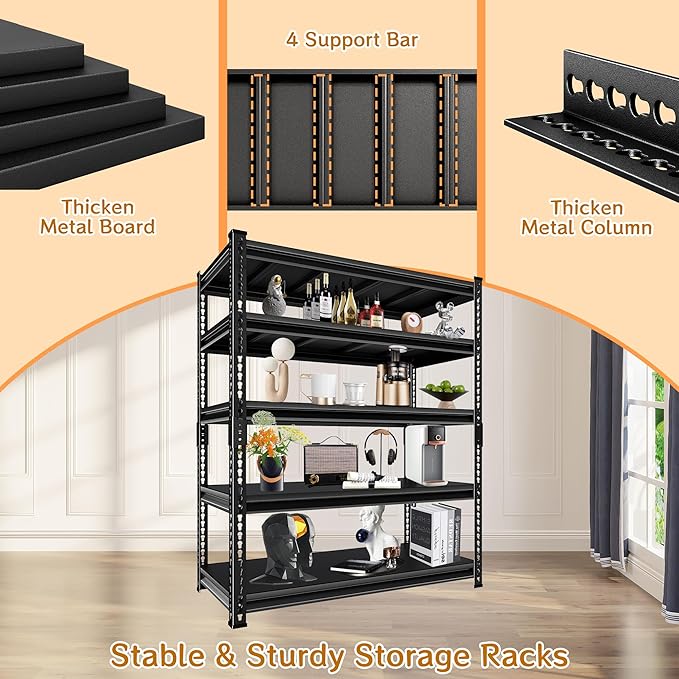 48''W Utility Garage Shelves: 2,500Lbs Heavy Duty Steel Metal Adjustable Shelving Storage Industrial Rack Units 5 Tier Black 48" W x 18" D x 78" H