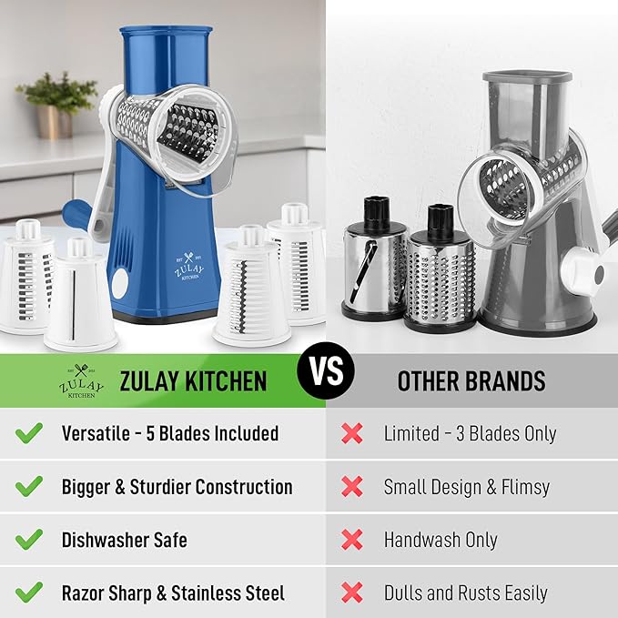 Zulay Kitchen Rotary Cheese Grater 5 Blade Cheese Shredder - Manual Hand Crank Cheese Grater With Reinforced Suction & 5 Interchangeable Drums - Easy to Use, Vegetable Chopper Round Mandoline Slicer