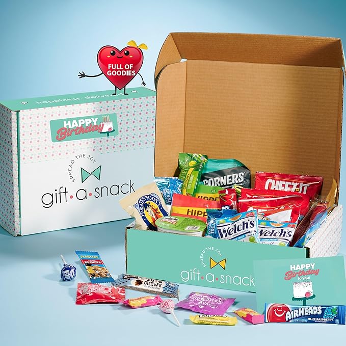Gift A Snack - Happy Birthday Snack Box Variety Pack Care Package + Greeting Card (60 Count) Bday Sweet Treats Gift Basket, Candies Chips Crackers Bars - Food Assortments Assortments & Variety Gifts