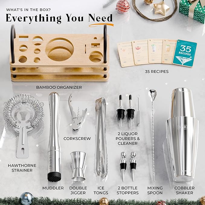 BARE BARREL® Mixology Bartender Kit Bar Set | 14-Piece Cocktail Shaker Set | Martini Barware Mixing Tools for Home Bartending | 35 Recipe Cards | Gift Set (28oz Boston Shaker, Silver/Natural)