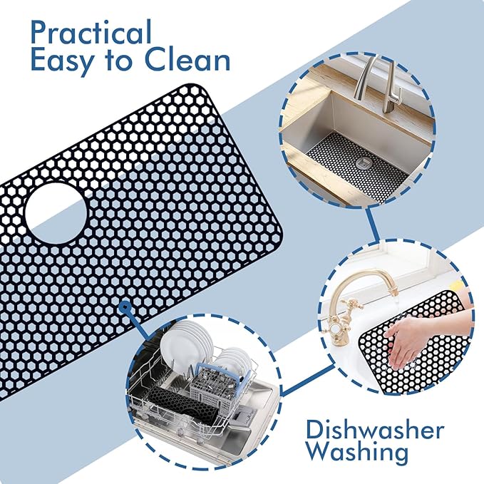Silicone Sink Protectors for Kitchen Sink with Rear Drain - 28.3"x 15.7" Kitchen Protector Accessory, Non-Slip Heat Resistan Mat for Bottom of Farmhouse Stainless Steel (Rear Hole, Black)