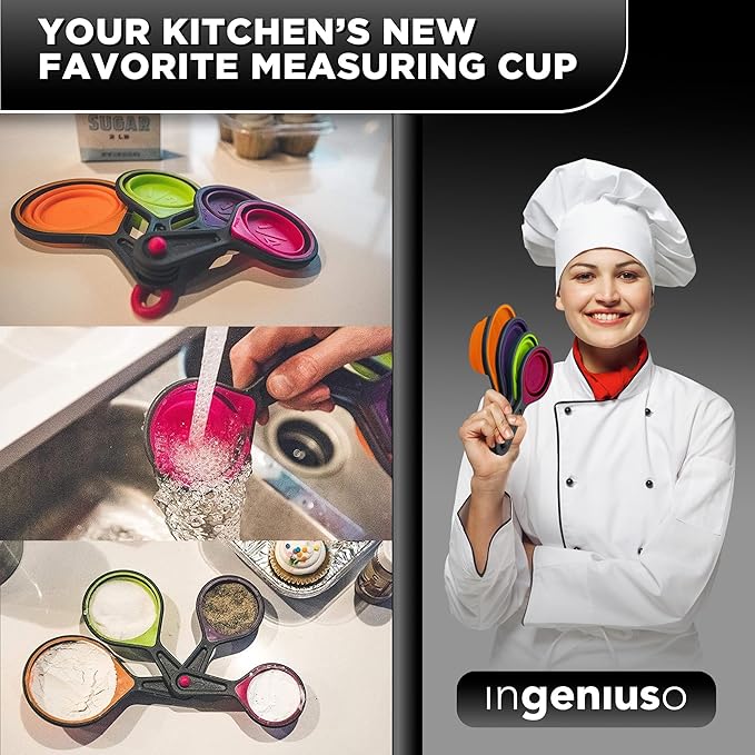 Collapsible Measuring Cups and Nesting Spoons - Adjustable Silicone for Cooking, used for Liquid and Dry Kitchen Items - Portable Portion Control, Dog Food, Kids, Travel, Camper, Space-Saving - 2 Sets