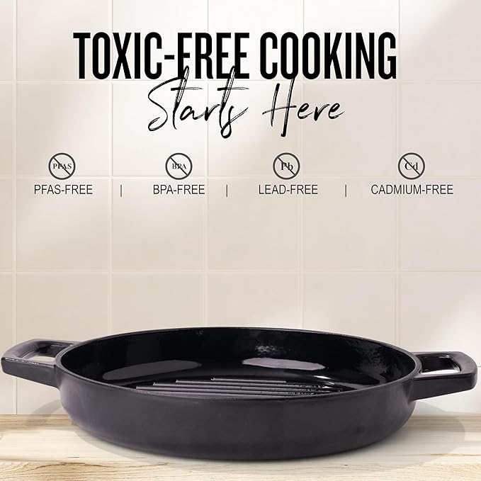 Alva Nori Enameled Cast Iron Grill Pan, 11" – Made With No PFAS/PTFE/PFOA, Oven & Induction Safe – 3-Layer Enamel, No Seasoning Needed – Durable, Easy-Clean Bakeware for Healthy Cooking, Black