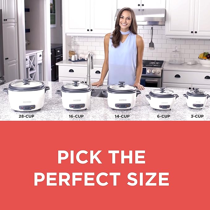 BLACK+DECKER Rice Cooker 6-Cup (Cooked) with Steaming Basket, Removable Non-Stick Bowl, White