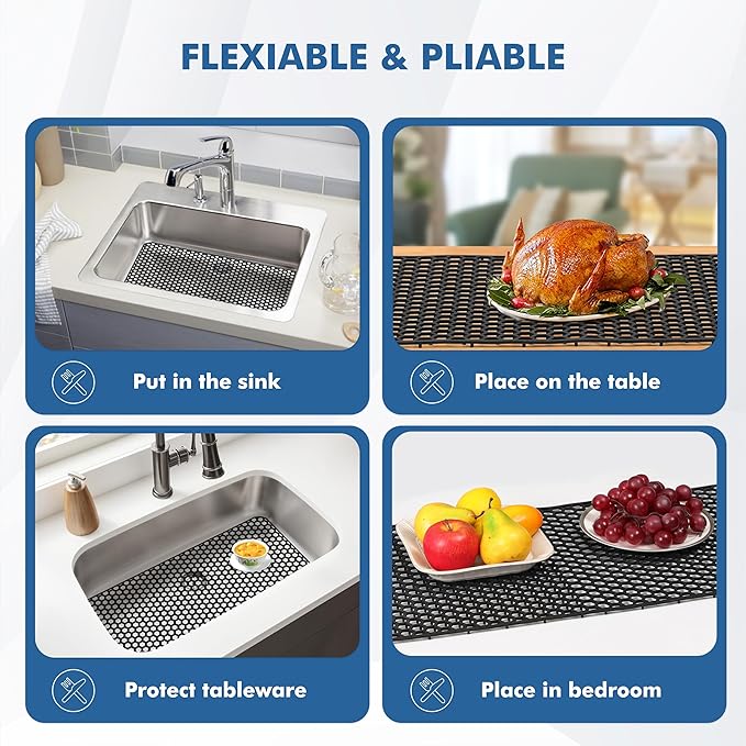 Silicone Sink Protectors for Kitchen Sink - 28.4"x 14.3" Kitchen Protector Accessory, Non-Slip Heat Resistan Mat for Bottom of Farmhouse Stainless Steel Porcelain, Black