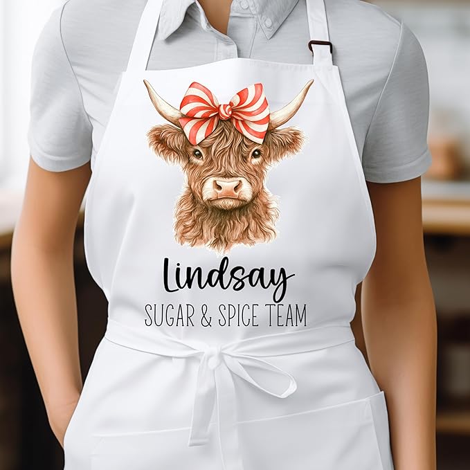 Mommy and Me Highland Cow with Peppermint Swirl Bow Apron Set – Matching Christmas Baking Aprons, Cow Kitchen Gift