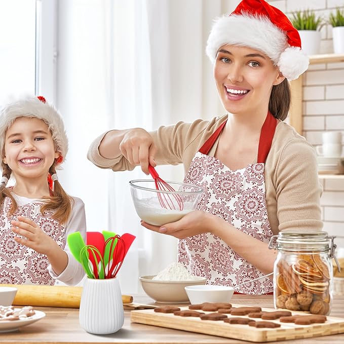 Bokon 12 Sets 48 Pcs Christmas Whisk Spatula Baking Gifts Red Green Christmas Kitchen Sets Includes Silicone Steel Whisk Spatula Greeting Cards Ribbons Plastic Bags Cooking Supplies for Xmas Gift