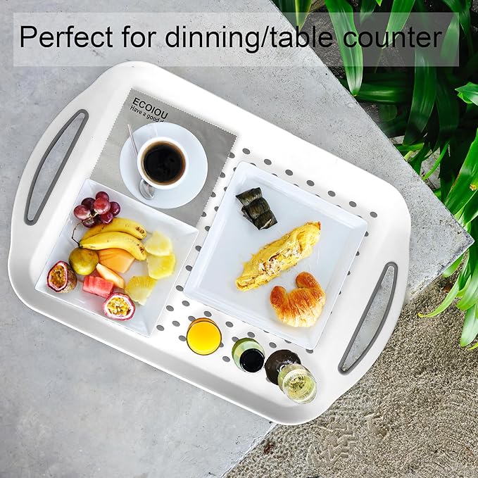 Larger Nonslip Food Serving Tray, 17.9'' x 12'' Grippy Handles Surface Bottom Design, Perfect Trays for Eating, Lap, TV, Couch, White, Set of 2