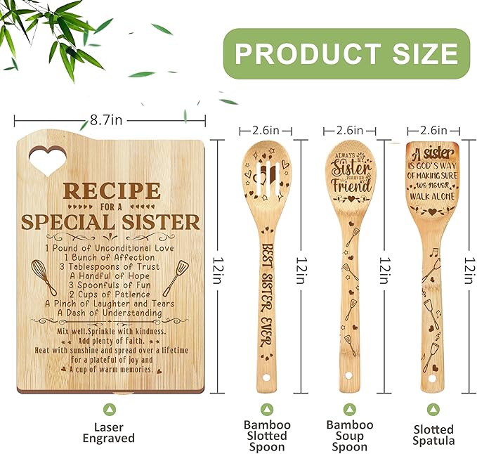 Sister Gifts, Christmas Sisters Gifts from Sister, Sisters Birthday Gift Wooden Cutting Board with Cooking Utensils Set with Apron Set, Great Kitchen Gift for Galentines Day