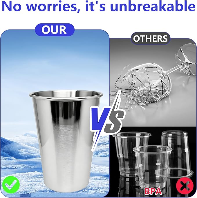 20oz 50PCS Stainless Steel Pint Cup,Pint Tumbler,Reusable metal Cups,Stainless Steel Water Tumbler,BPA Free,Stackble,Durable,Unbreakable Metal Drinking Glasses for Bar,Banquet Mugs (50, 20OZ)