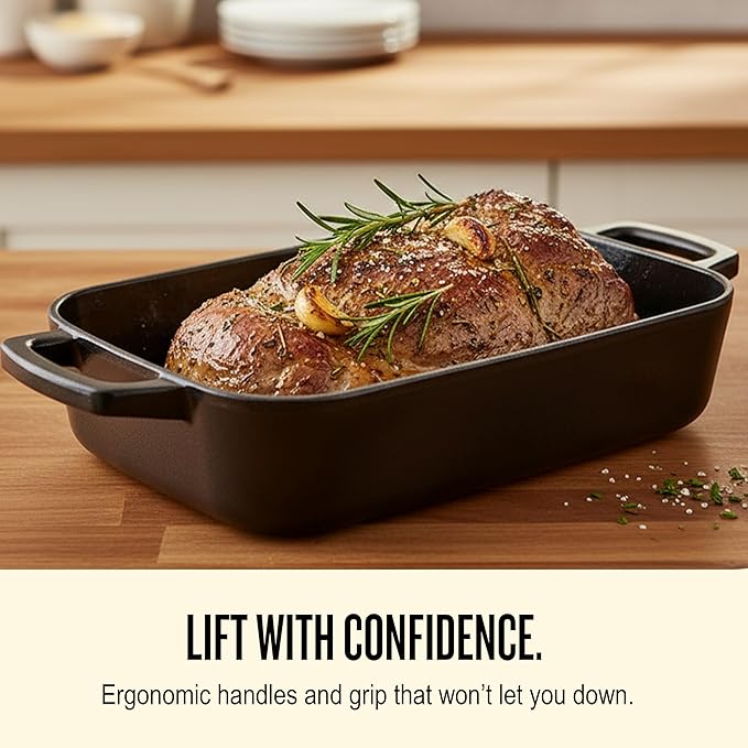 Alva Nori Enameled Cast Iron Roasting Pan 12x8" – Made With No PFAS/PTFE/PFOA, Oven & Induction Safe – 3-Layer Enamel, No Seasoning Needed – Durable, Easy-Clean Bakeware for Healthy Cooking, Black