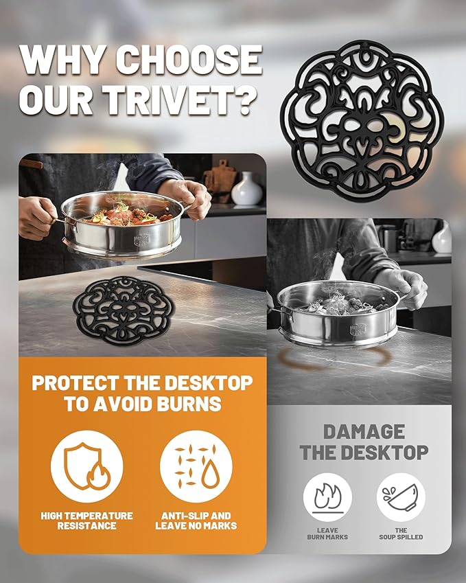 Black Floral Cast Iron Trivet 2-Pack for Kitchen & Dining - Decorative Flower Pattern Hot Dish Pads, Heat Resistant Pot Holders with Raised Design for Table, Counter & Wood Surface Protection