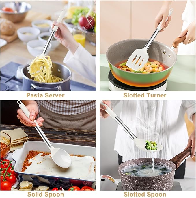 TeamFar Cooking Utensils Set, 5 Pcs Silicone Kitchen Utensils with Stainless Steel Handle, for Nonstick Cookware Flipping Frying Turning Draining, Heatproof & Healthy, Healthy & Easy Clean, White