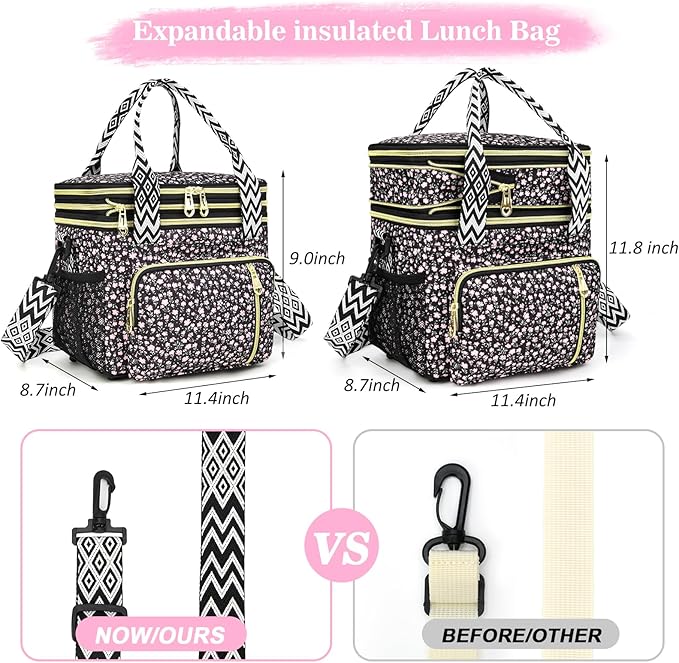 LOKASS Lunch Box for Women-16L-Insulated Lunch Bag Women, Expandable Double-layer Leakproof Cooler Bag with Upgrade Adjustable Shoulder Strap Ideal for Work/Travel/Picnics（Black Flower）