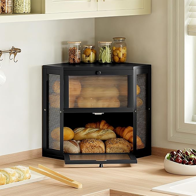 WOWLIVE Corner Bread Box for Kitchen Countertop, Double Layer Bamboo Bread Storage Container, Large Farmhouse Bread box with Acrylic Wavy Door Panel, Under Cabinet Organizer (Black, Medium)