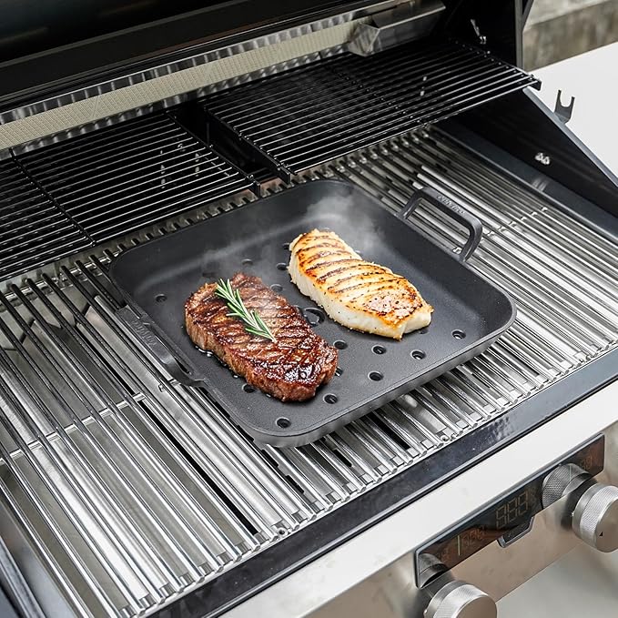 onlyfire Cast Iron Skillet, 12 Inch Pre-Seasoned Square Steak Pan with Nonstick Perforated Grill Surface and Dual Handles, Cast Iron Grill Pan Frying Pan for Grill, Oven and Stovetops