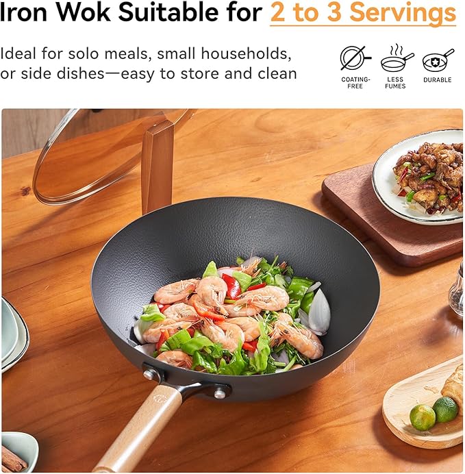 WANGYUANJI 12.6 Inch Wrought Iron Wok with Standable Glass Lid, Chemical-Free Flat Bottom Stir Fry Pan for Induction, Gas, and Electric Stoves