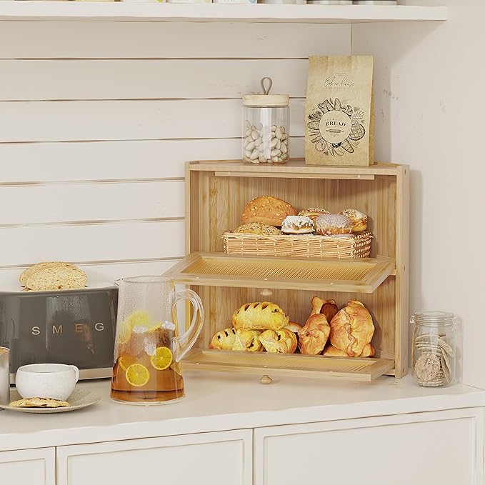 BAMBANG Corner Bread Box for Kitchen Countertop, Double Layer Bamboo Bread Storage Container with Wavy Windows, Farmhouse Large Bread Bin, Wooden Breadbox Holder for Homemade Bread, Natural