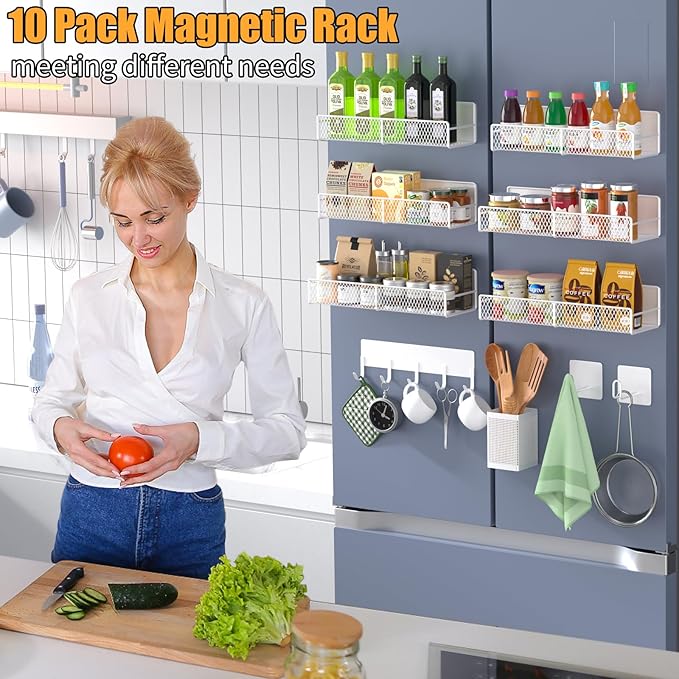 Magnetic Spice Rack for Refrigerator, 10 Pack 100% Metal Strong Magnet Shelf, Moveable Spice Organizer W/ Adjustable Paper Towel Holder, Hook Rack & Utensil Caddy, Home Kitchen Laundry Storage, White