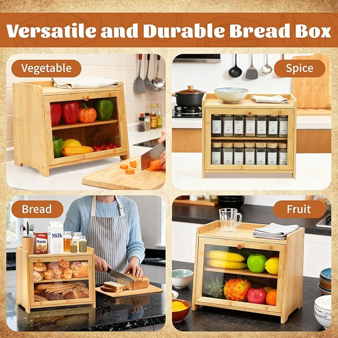 Bamboo Bread Box for Kitchen Countertop, Double Layer Large Capacity Bread Storage Cabinet with Removable Cutting Board, Farmhouse Breadbox Container Organizer Bins for Pantry Shelf Cupboard (Natural)