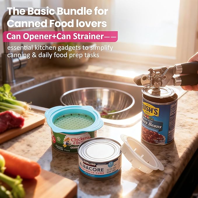 3 PCs Canning Tool Duo — 1 Pack Magnetic Can Opener Bundle with 2 Packs Can Strainers Fit for 3.0''|3.5''|4.0-inches Can | Quick Strain Can Strainers | Easy to Use | Essential Kitchen Gadgets