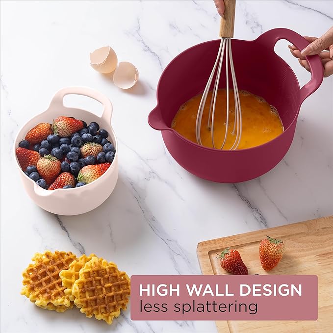 COOK WITH COLOR Nesting Plastic Mixing Bowl Set with Pour Spouts and Handles, Rose, 4 Piece Non-Slip
