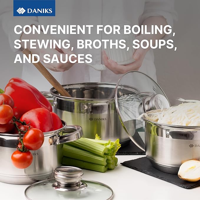 Daniks Standard 9-Piece Stainless Steel Induction Cookware Set, Saucepan, Dishwasher Safe Pots, Measuring Scale, Glass Lids, For Soup, Pasta, Stew, Silver