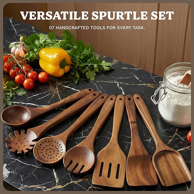 100% Natural Acacia Wooden Cooking Utensils Set - 07 Pcs Wooden Spurtle Set - Spurtles Kitchen Tools As Seen On TV Paddle - Safe for Nonstick Cookware - Stirs Like a Spoon, Flips Like A Spatul
