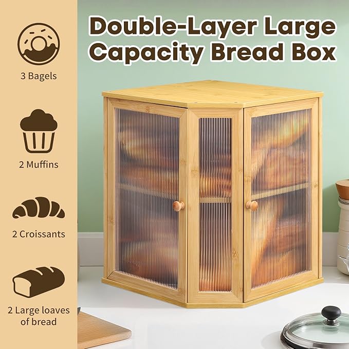 Corner Bread Box for Kitchen Countertop - Bamboo Large Capacity Bread Storage Bin with Acrylic Wavy Door Panel,Double Door Bread Organizers (Natural)