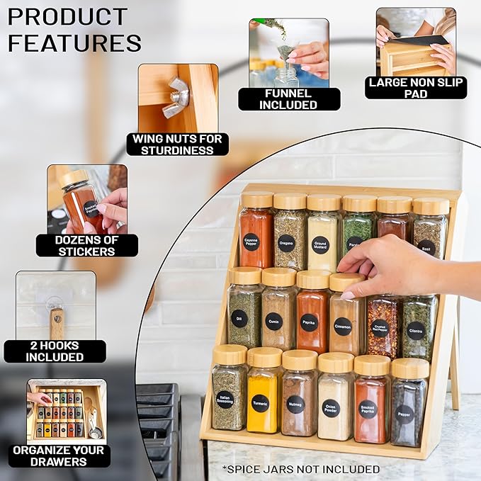 Extra Sturdy 3-Tier Bamboo Spice Rack – 12" W x 10" D x 13" H – Foldable Non-Slip Wooden Spice Organizer for Countertop and Cabinet – Includes Labels, Funnel & Hooks – Spice Jars NOT Included