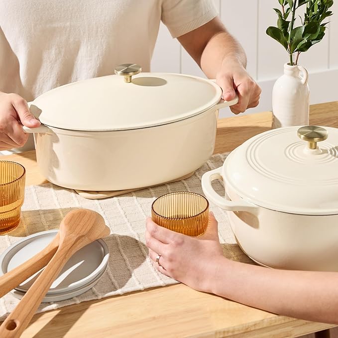 Best Choice Products Oval 7.5 Quart Enamel Cast-Iron Dutch Oven, Heavy-Duty Pre-Seasoned for Baking, Cooking w/Side Handles – Vanilla Buttercream