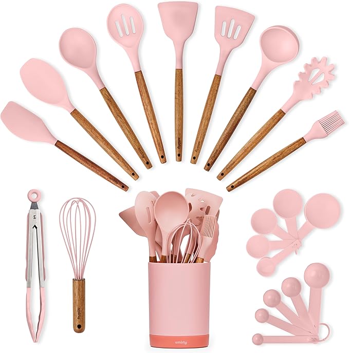 Silicone Kitchen Utensils Set & Holder: Cooking Utensils Set - Kitchen Essentials for New Home & 1st Apartment- Silicone Spatula Set, Cooking Spoons for Nonstick Cookware (Acacia Wood, Pink)