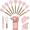 Silicone Kitchen Utensils Set & Holder: Cooking Utensils Set - Kitchen Essentials for New Home & 1st Apartment- Silicone Spatula Set, Cooking Spoons for Nonstick Cookware (Acacia Wood, Pink)