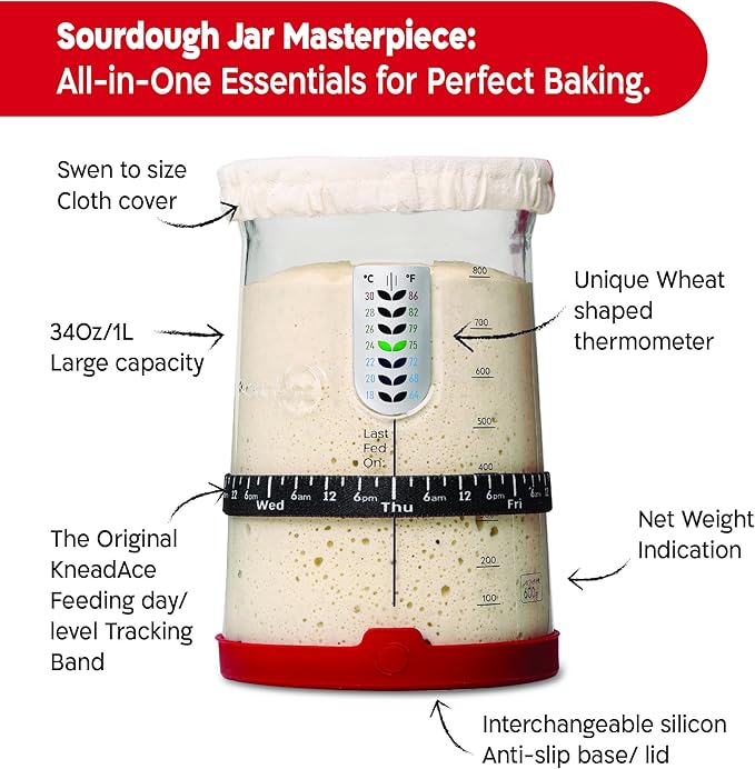 KneadAce Complete Sourdough Bread Baking Kit - 34oz Starter Jar, Cotton Rope Proofing Baskets, Magnetic Bread Lame, and Fast-Activation Sourdough Starter Culture for Perfect Artisan Loaves