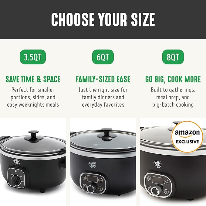 GreenLife 6QT Slow Cooker, Non-Toxic PFAS-Free Ceramic Nonstick Removable Interior Bowl, Programmable, Family Friendly, Keep Warm, Stovetop & Oven Safe, Dishwasher Safe Crock, Timer, Glass Lid, Black