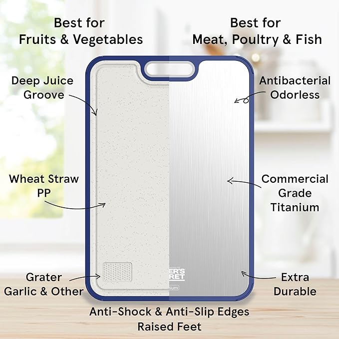 Titanium Cutting Boards for Kitchen, Cutting Board Double Sided Food Grade, Pure Titanium and Wheat Straw PP, Dishwasher Safe Easy to Clean Large Size 16”×11” Navy Blue by Baker's Secret