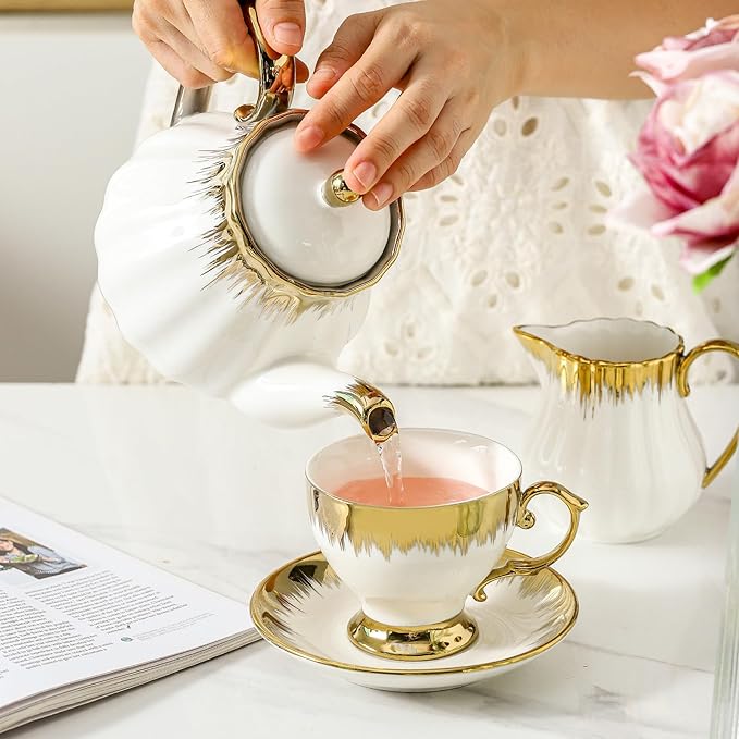 Ceramic Teapot, Ceramic Tea Pot with Removable Stainless Steel Infuser White Teapots with Gold Trim, Floral Teapot, Tea Kettles for loose leaf tea and tea bags, Coffee(30oz)