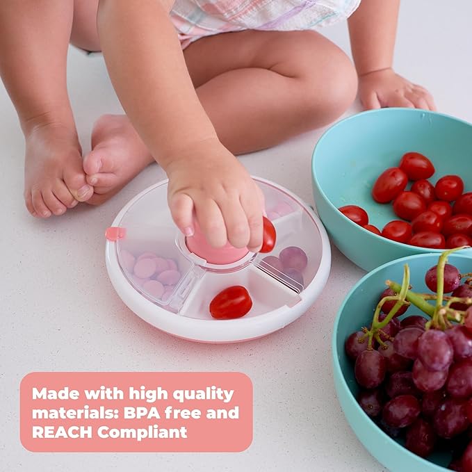 GoBe Kids Small Snack Spinner Flip Bundle with Hand Strap and Sticker Sheet - Reusable Snack Container with 5 Compartment Dispenser and Lid | BPA/PVC Free | Dishwasher Safe | No Spill- GoBe Grey
