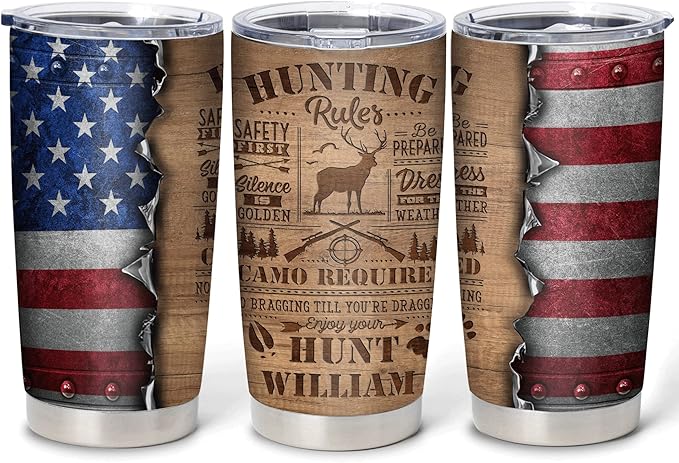 Hyturtle Personalized Hunting Gifts For Men - Deer Hunting Rules Tumbler 20 Oz Travel Coffee Mug Stainless Steel - Fathers Day Gift For Dad, Him, Boy, Husband, Hunters On Birthday, Christmas