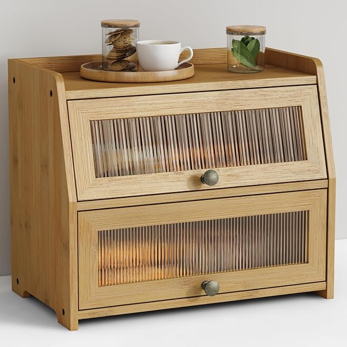 Large Bread Box for Kitchen Countertop, Double Layer Breadbox for Homemade Loaf Bread, Farmhouse Bread Storage Container Bin for Kitchen Counter Pantry Cupboard (Natural Bamboo)