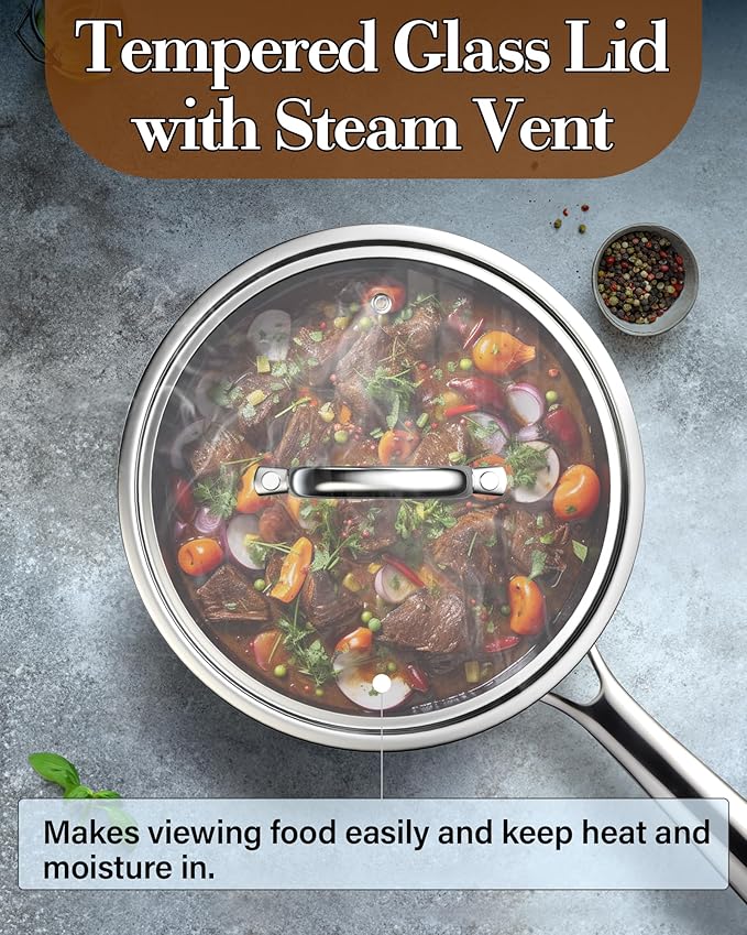Cook N Home Stainless Steel Saucepan 3 Quart, Tri-Ply Full Clad Sauce Pan with Glass Lid, Silver